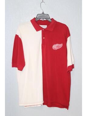 Vintage Detroit Red Wings Polo T Shirt MEDIUM Red White Embroidered Crable Sport
